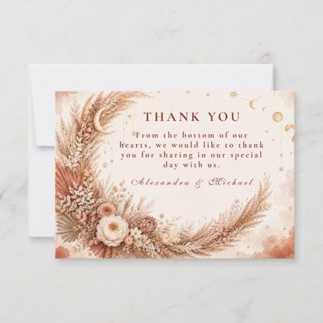 Cartão De Agradecimento Casamento Boho Celestial Atemporal (Frente)
