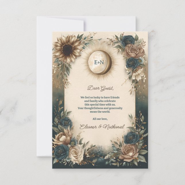 Cartão De Agradecimento Casamento Boho Floral Rústico Sol Lua Celestial (Frente)