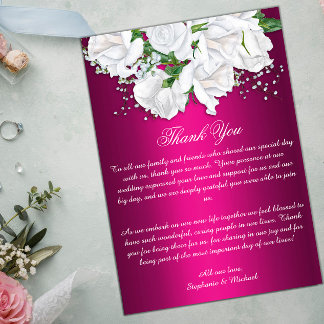Cartão De Agradecimento Casamento Boho Pink Fuchsia e Rosas Brancas