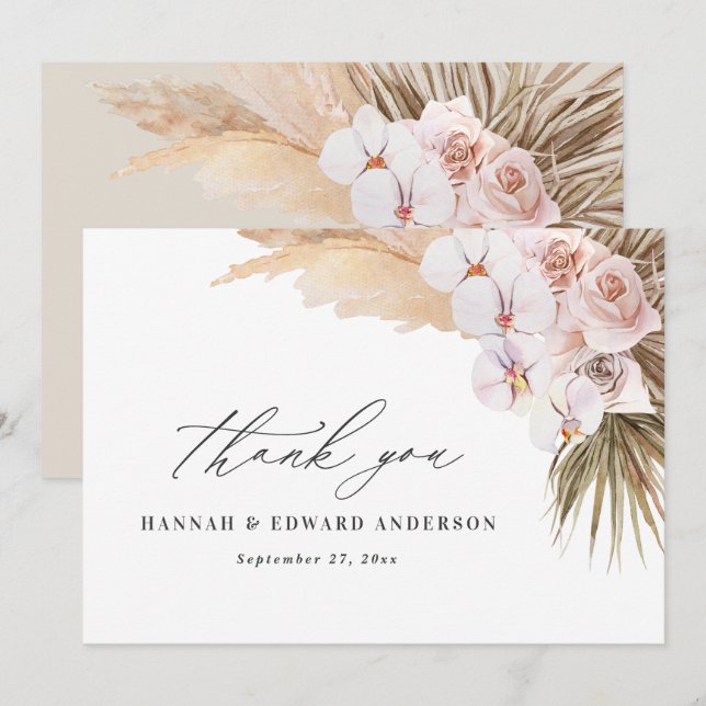 Cartão De Agradecimento Casamento botânico boêmico moderno da grama Pampas (Frente/Verso)