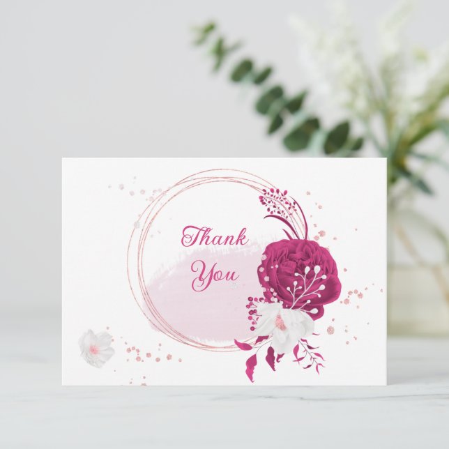 Cartão De Agradecimento casamento botânico com flores brancas de fuchsia (Em pé/Frente)