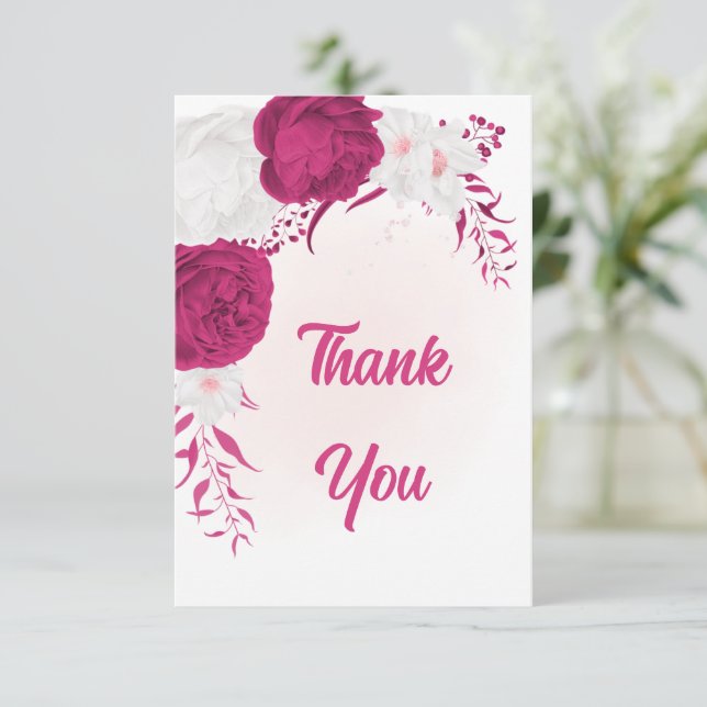 Cartão De Agradecimento casamento botânico com flores brancas de fuchsia (Em pé/Frente)