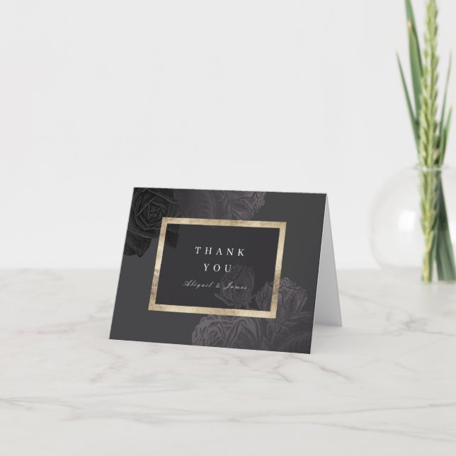 Cartão De Agradecimento Casamento botânico de ouro preto Luxe rosa (Frente)