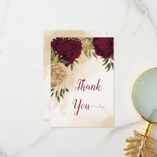 Cartão De Agradecimento Casamento botânico de ouro verde-branco Maroon