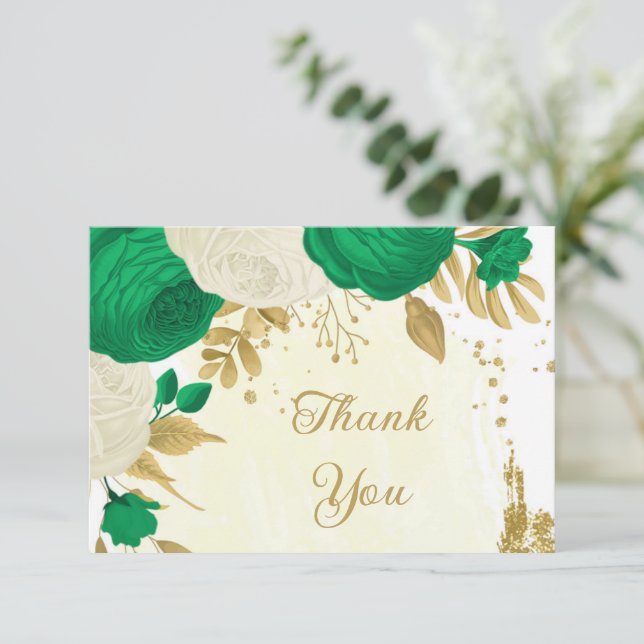 Cartão De Agradecimento casamento botânico entre flores verdes e brancas (Em pé/Frente)