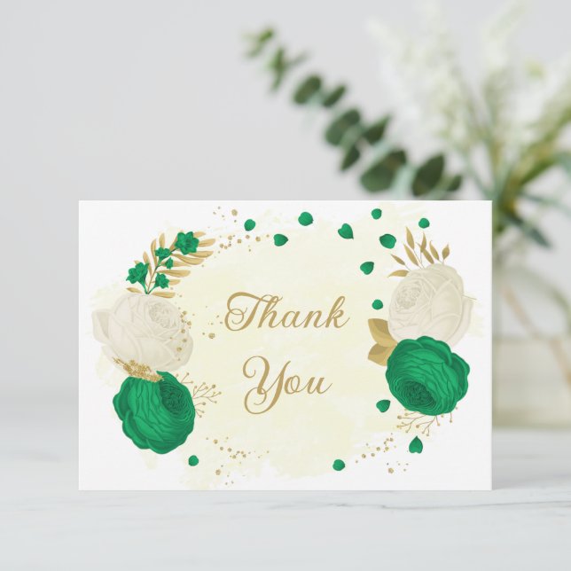 Cartão De Agradecimento casamento botânico entre flores verdes e brancas (Em pé/Frente)