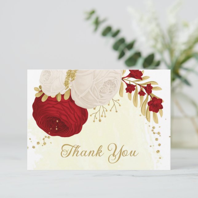 Cartão De Agradecimento casamento botânico entre flores vermelhas e branca (Em pé/Frente)