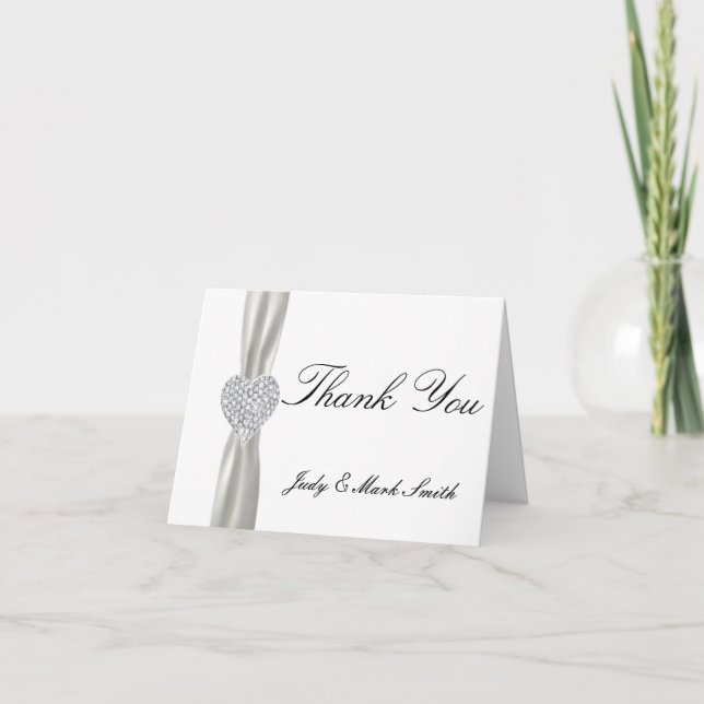 Cartão de Agradecimento Casamento Branco Coração d (Frente)