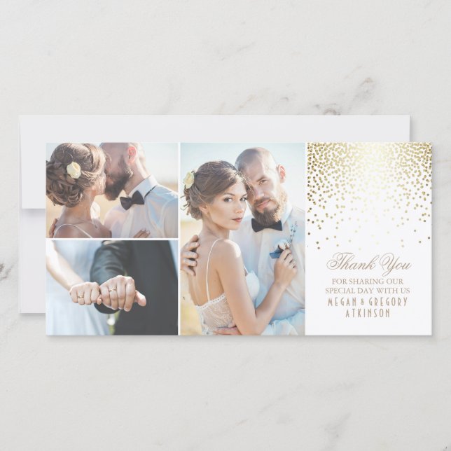 Cartão De Agradecimento Casamento Branco Dourado com o Glamor Confetti Obr (Frente)