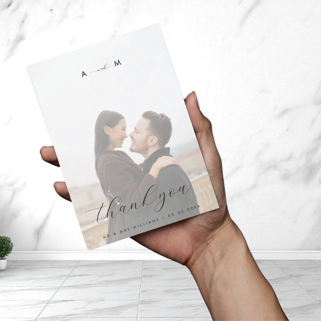 Cartão De Agradecimento Casamento Branco Elegante De Monograma De Foto Esm (Criador carregado)