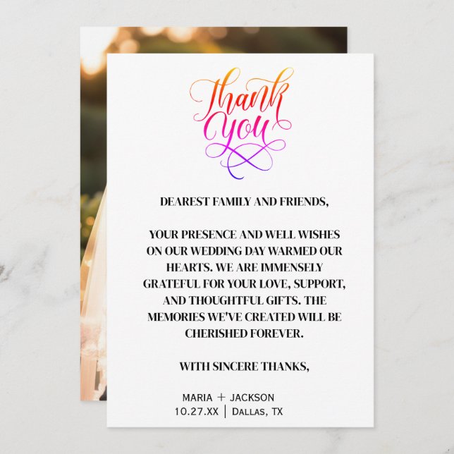 Cartão De Agradecimento Casamento Branco Negro de Script Elegante Moderno (Frente/Verso)