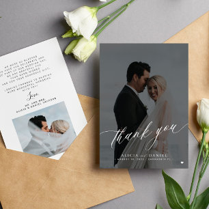 Cartão De Agradecimento Casamento branco preto com foto de script elegante
