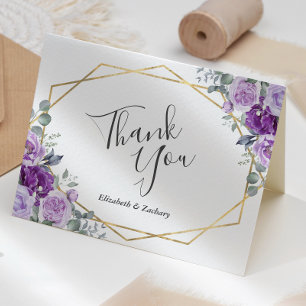 Cartão De Agradecimento Casamento Branco Quadro Dourado Floral Roxo