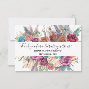 Cartão De Agradecimento Casamento Caligrafia Floral Azul Rosa Pêssego