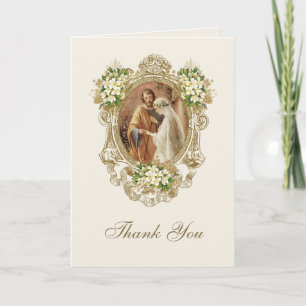 Cartão De Agradecimento Casamento Católico Elegante Dourado Floral