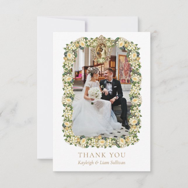 Cartão De Agradecimento Casamento Católico Floral Branco com 2 fotos (Frente)