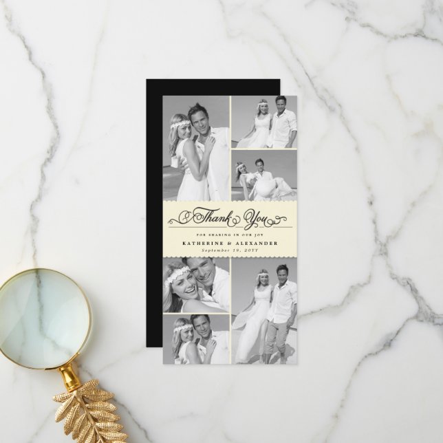 Cartão De Agradecimento Casamento Chic Com Banda 6 Fotografada De Creme El (Frente/Verso In Situ)