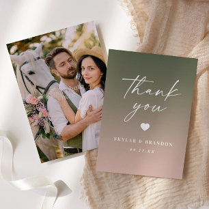 Cartão De Agradecimento Casamento Chic Ombre Verde Floresta & Rosa Bege