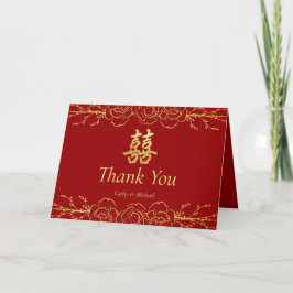 Cartão De Agradecimento Casamento chinês com borda floral de ouro vermelho