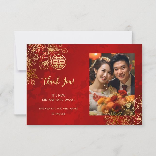 Cartão De Agradecimento Casamento Chinês com Foto Floral Moderna (Frente)