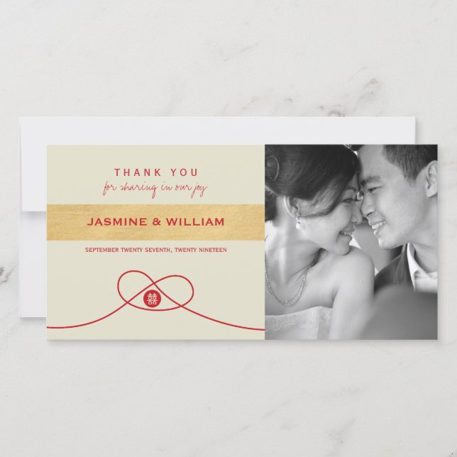 Cartão De Agradecimento Casamento Chinês de Dupla Felicidade do Red Knot U (Frente)