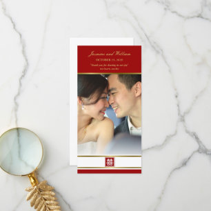 Cartão De Agradecimento Casamento Chinês de Felicidade Dupla Vermelha e Do
