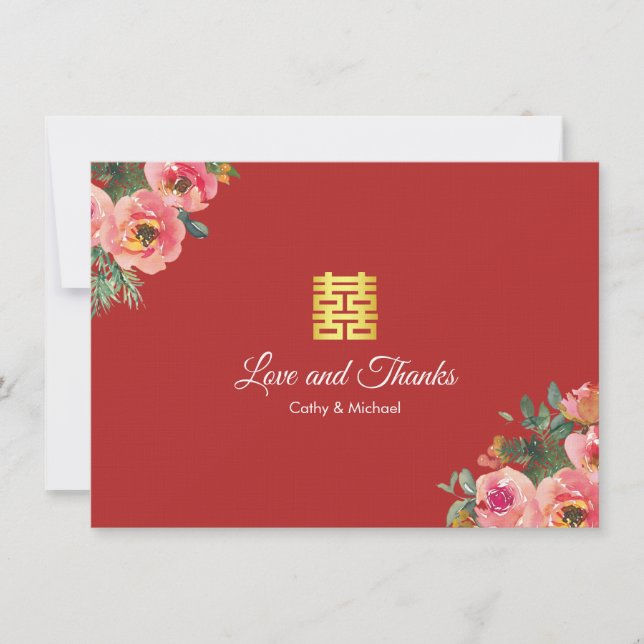 Cartão De Agradecimento Casamento chinês moderno floral de peônias vermelh (Frente)