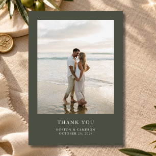 Cartão De Agradecimento Casamento Clássico com Foto em Verde Oliva 2