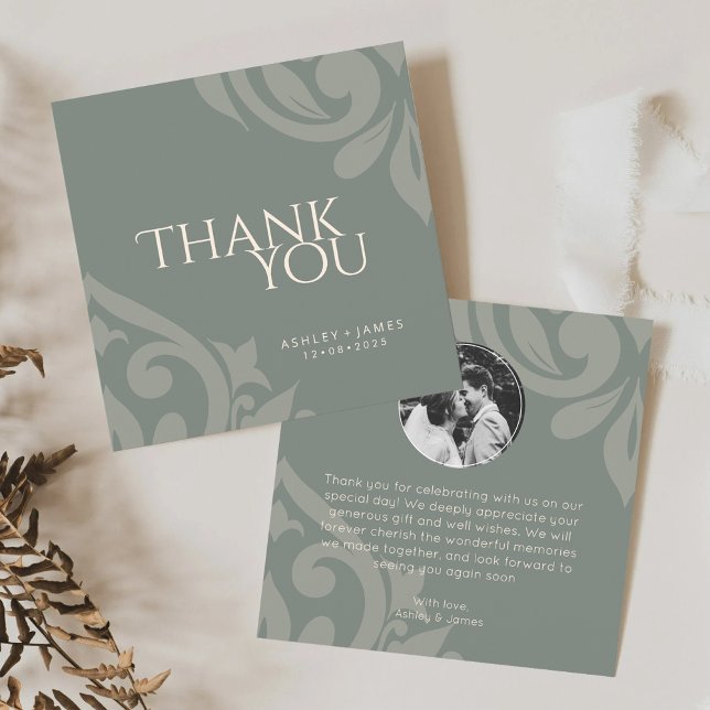 Cartão De Agradecimento Casamento Clássico Damask Elegante Earthy Olive Ph (Criador carregado)