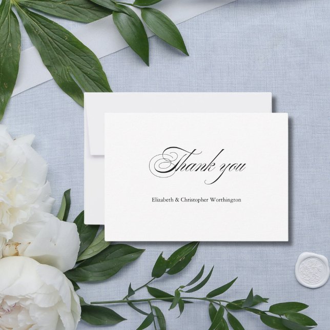Cartão De Agradecimento Casamento Clássico Elegante Mínimo de Caligrafia d (Black White Minimalist Calligraphy Wedding thank you card. Personalize with your names)