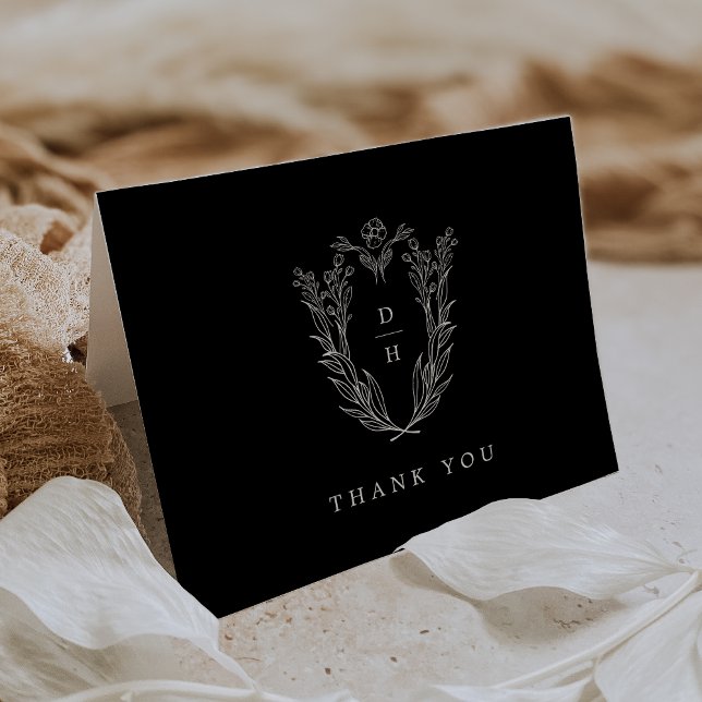 Cartão De Agradecimento Casamento Clássico Negro Escuro Formal DAPHNE Dobr (DAPHNE Folded Formal Dark Black Classic Wedding Thank You Card)