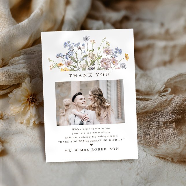 Cartão De Agradecimento Casamento Colorido de Primavera Wildflower Meadow  (Colorful Spring Wildflower Meadow Garden Wedding photo Thank You Card)