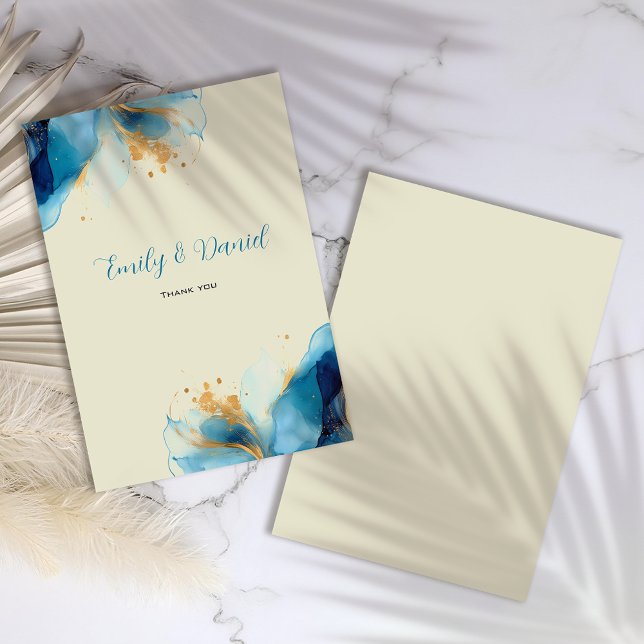 Cartão De Agradecimento Casamento com abstrato Azul e Dourada Aquarela (Criador carregado)