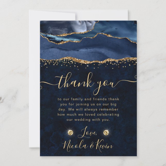 Cartão De Agradecimento Casamento com Agitação Azul Elegante e Dourada (Frente)