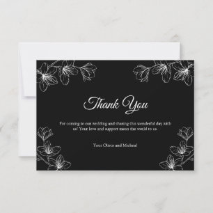 Cartão De Agradecimento Casamento com Arte de Linha Floral Preta Elegante