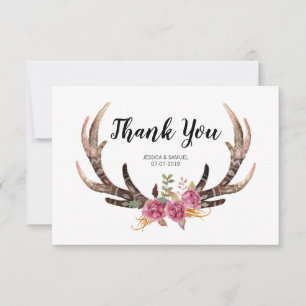 Cartão De Agradecimento Casamento com Boêmian Country Antlers Watercolor D
