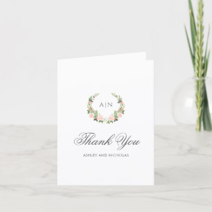 Cartão De Agradecimento Casamento com Brasão Floral em Aquarela Elegante