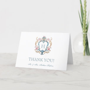 Cartão De Agradecimento Casamento com Brasão Floral Monogramado Vintage