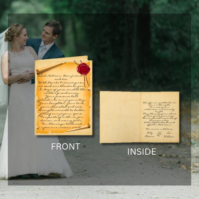 Cartão De Agradecimento Casamento com Carneiro de Cera de Pergaminho Medie (Medieval Aged Scroll Wax Seal Wedding Folded Thank You Card)