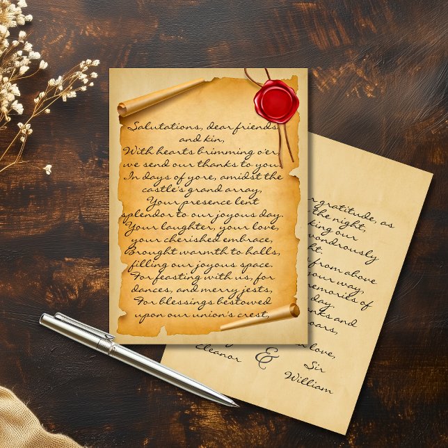 Cartão De Agradecimento Casamento com Carneiro de Cera de Pergaminho Medie (Medieval Aged Scroll Wax Seal Wedding Thank You
)