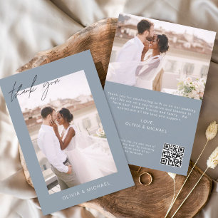 Cartão De Agradecimento Casamento com Código QR Azul Dusty Obrigado Foto