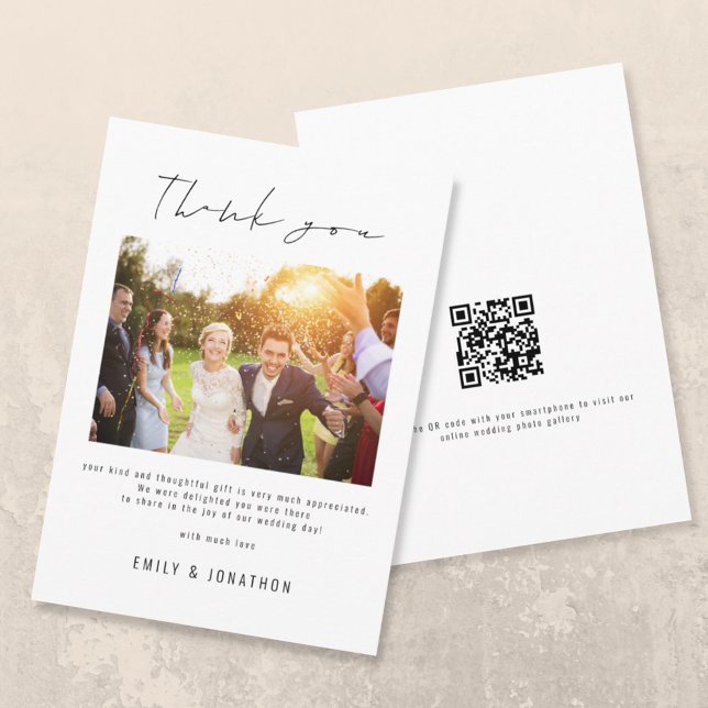 Cartão De Agradecimento Casamento com Código QR de Foto do Script Moderno  (Criador carregado)