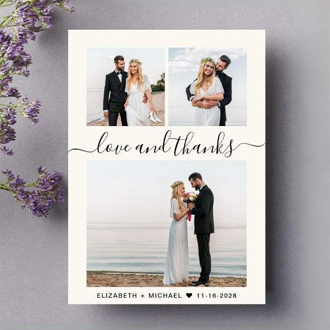Cartão De Agradecimento Casamento com Creme de Colagem de Fotos do Script  (Celebrate your love story with a save the date showcasing 3 of your favorite wedding day photos)