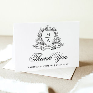 Cartão De Agradecimento Casamento com Crista Floral Preta Elegante Monogra