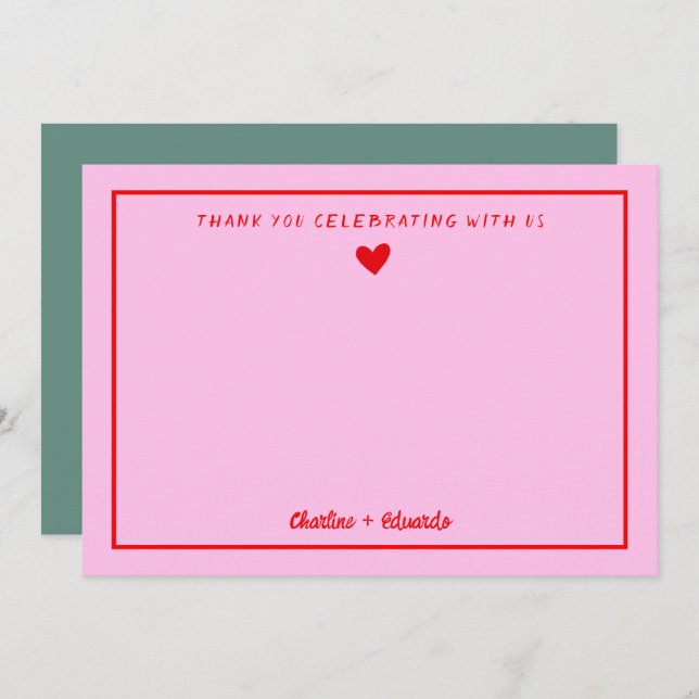 Cartão De Agradecimento Casamento com Escrita Manual Rosa&Vermelha Obrigad (Frente/Verso)