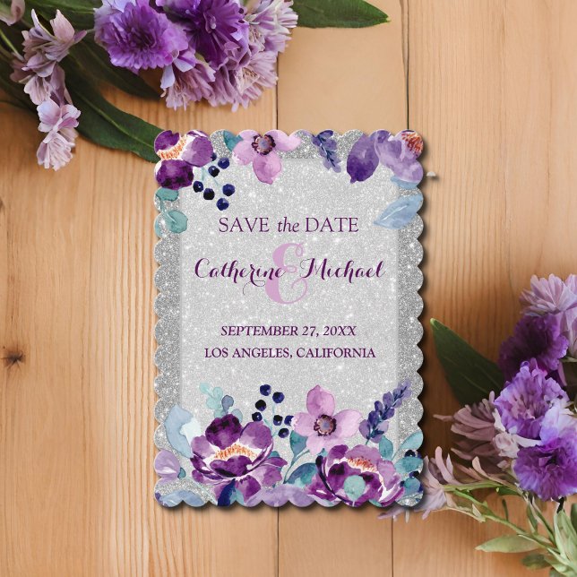 Cartão De Agradecimento Casamento com Floral em Aquarela Roxa e Brilho Pra (Flat lay summer pastel purple floral silver glitter romantic plum lilac spring Save the Date)