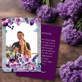 Cartão De Agradecimento Casamento com Floral em Aquarela Roxo e Brilho Pra
