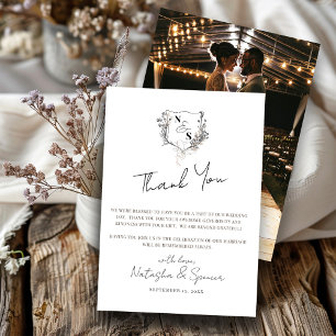 Cartão De Agradecimento Casamento com Floral Formal em Preto e Branco com