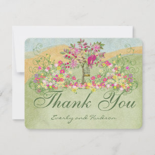 Cartão De Agradecimento Casamento com flores de pássaros, cor-de-rosa, obr