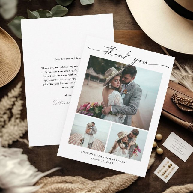 Cartão De Agradecimento Casamento com Foto de Script Moderno 3 (Elegant 3 photo wedding thank you card with modern handwritten script typography.)